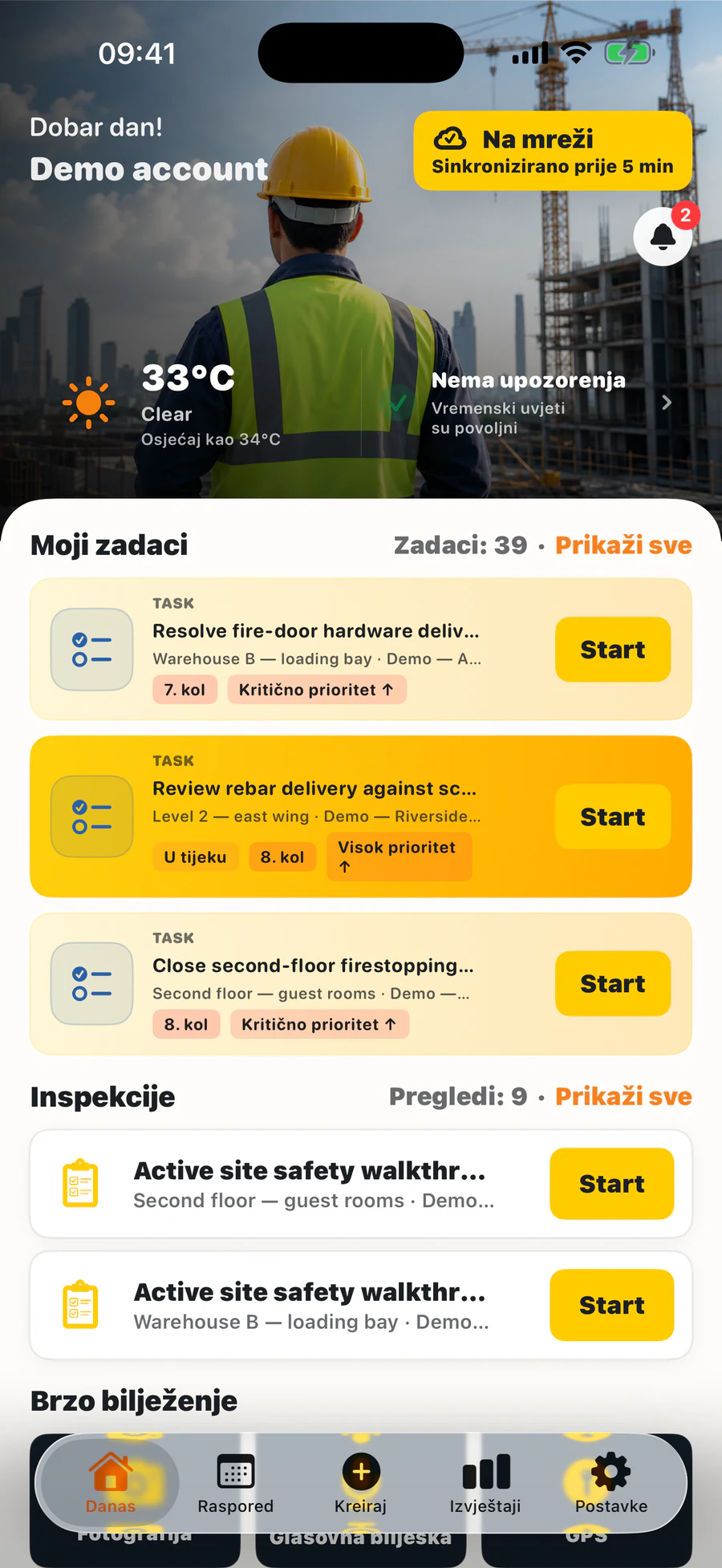 TerenIQ iPhone zaslon Danas s vremenskim uvjetima i dodijeljenim poslovima