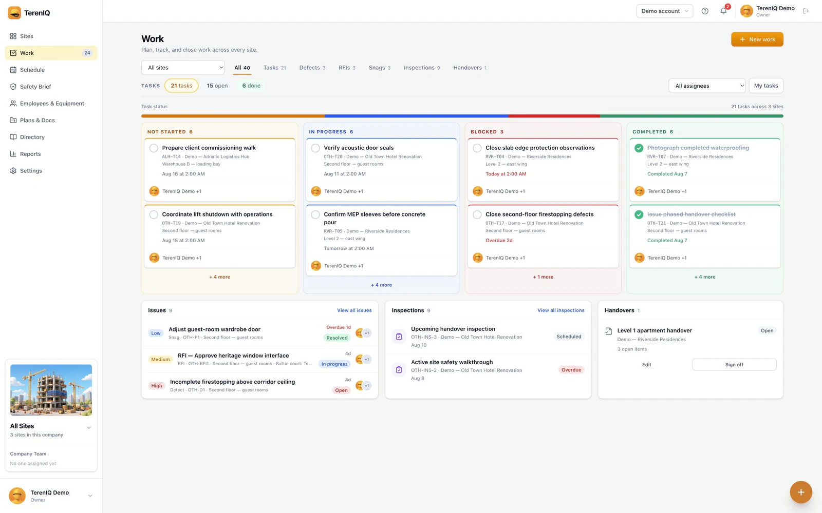 Snags and defects tracked in the TerenIQ work queue with status and due dates